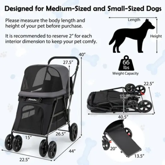Tangkula Dog Stroller with Low Entry & Ramp Access w/ Lockable & Shock-Absorbing All-Terrain Wheels Folding Pet Travel Wagon for Small Medium Dogs image {8}