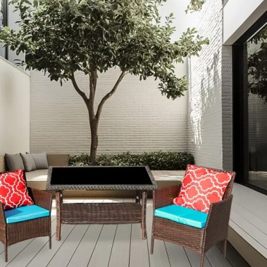 FIONECA 4-Piece Outdoor PE Rattan Sofa Set with Coffee Table and Sapphire Blue Cushions image {3}