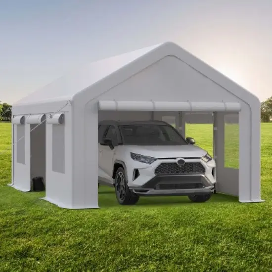 10x20 FT Heavy Duty Carport Canopy, Portable Garage Shelter with 4 Roll-Up Doors & 2 Side Doors, Waterproof Vehicle Cover for Pickup/Truck image {3}