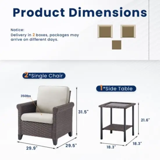 Buenhomino 3-Piece Outdoor Wicker Patio Set, 2 Lounge Chairs & Side Table with Driftwood Rattan & Weather-Resistant Cushions image {2}