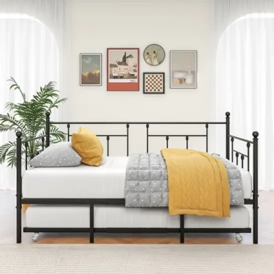 Twin Size Daybed Metal Frame with Trundle Set, Twin Day Bed Sofa, Daybed and Roll Sofa Bed for Guest Room, Bedroom, Living Room, Victorian Style image {1}