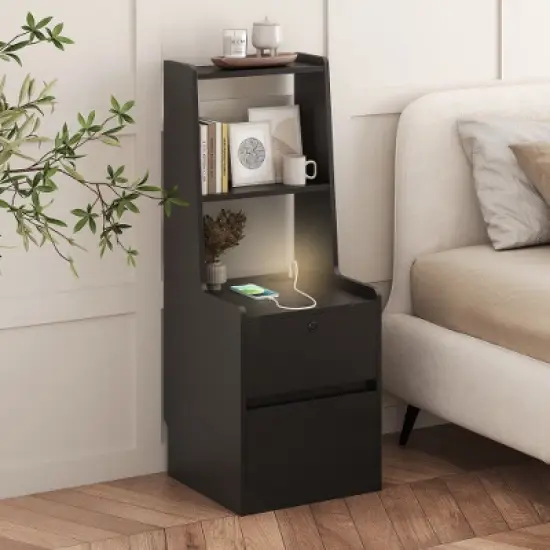 LIVAREEmlen Nightstand with Charging Station, Modern Night Stand with Bookshelf, Bedside Tables with Storage Cabinet for Bedroom, Black image {3}
