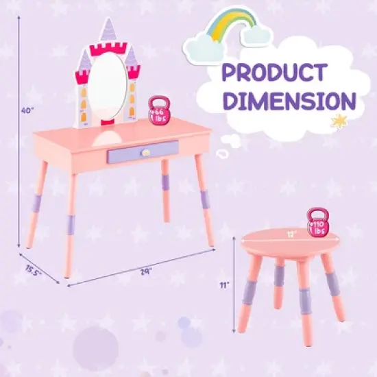 Costway Kids Vanity Set Princess Makeup Pretend Play Dressing Mirror Castle Girls Pink image {2}