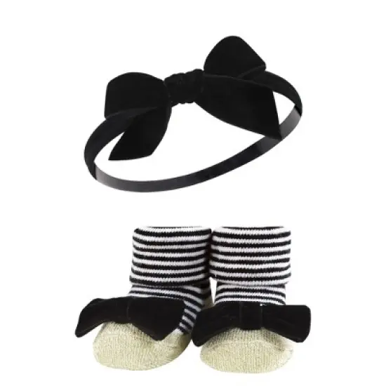 Hudson Baby Infant Girl Headband and Socks Giftset, Black Stripe Neutrals, One Size image {2}