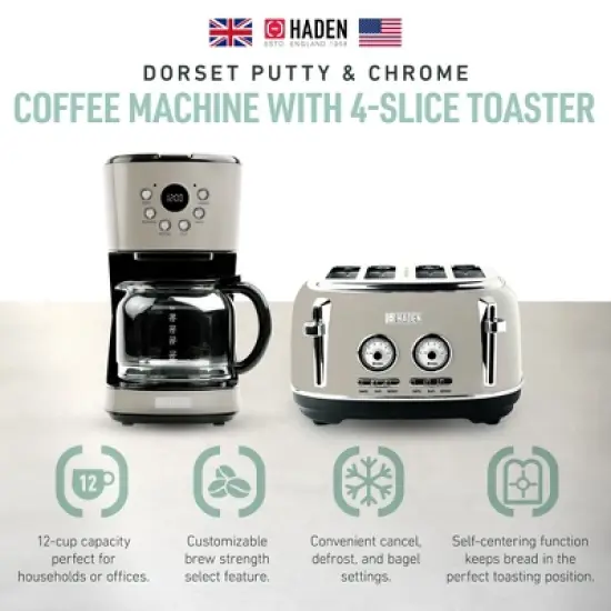 Haden 12 Cup Programmable Drip Coffee Maker Coffee Machine Bundled with Dorset 4 Slice Wide Slot Stainless Steel Toaster, Putty & Chrome image {1}