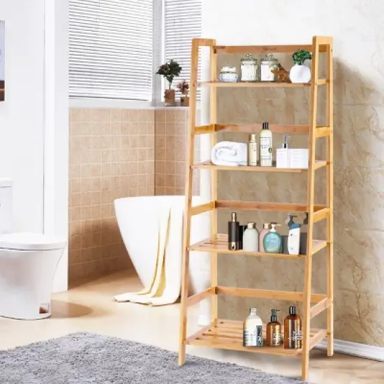 Costway Multifunctional 4 Shelf Bamboo Bookcase Ladder Plant Flower Stand Rack Storage image {4}