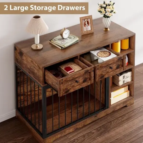 Acekool 47" Farmhouse Dog Crate Furniture with Storage Drawers & Shelves for Large Dogs image {4}