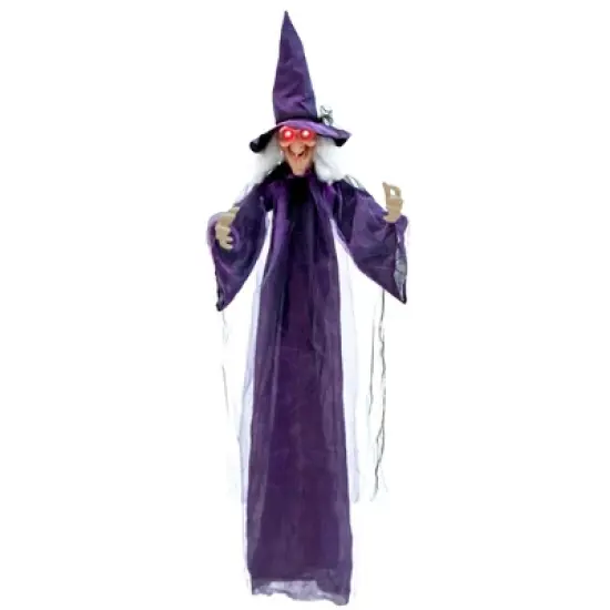 Costway 6 FT Halloween Animatronic Witch Hanging Decoration with Red Eyes & Posable Arms image {8}