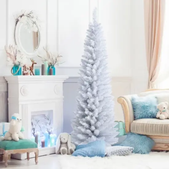 Costway 6ft Unlit Artificial Slim Pencil Christmas Tree with Metal Stand White image {4}
