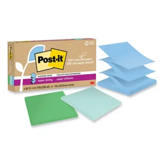 Post-it Notes Super Sticky 100% Recycled Paper Super Sticky Notes, 3" x 3", Oasis, 70 Sheets/Pad, 6 Pads/Pack image {4}