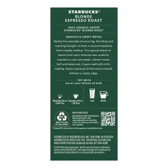 Starbucks by Nespresso Original Line Pods Light Roast Coffee Blonde Espresso Roast - 10ct image {1}