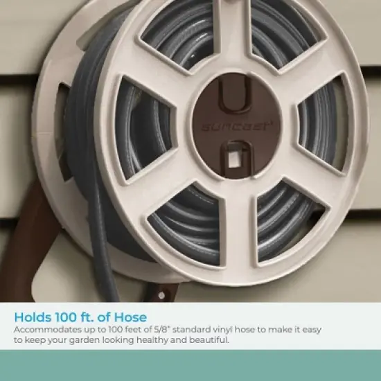 Suncast Sidewinder Wall Mount Garden Hose Reel for Lawn & Outdoor Use, 100 Feet Capacity for 5/8 Inch Standard Vinyl Hose w/ Leader Hose, Light Taupe image {2}