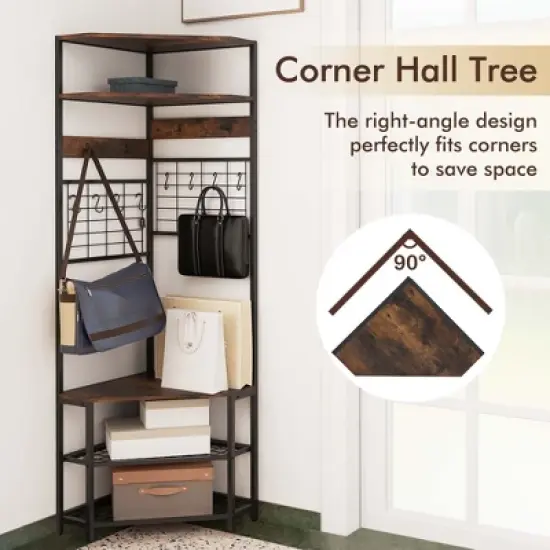 Tangkula 5-Tier Corner Hall Tree w/ Shoe Storage Bench 12 Metal Hooks for Living Room Brown image {7}