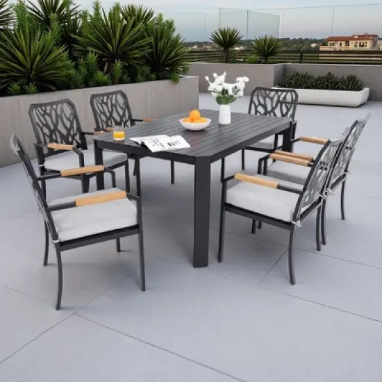 7-Piece Outdoor Patio Aluminum Dining Set with 59" Rectangular Table, 6 Cushioned Armchairs, and Umbrella Hole image {8}