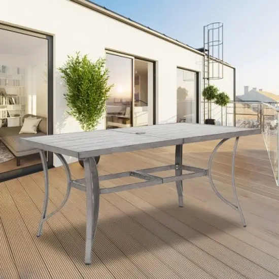 COWLOW Patio Dining Table for 6, Large Rectangle Aluminum Slat Table with Umbrella Hole, All-Weather Outdoor Dining for Lawn, Garden, Poolside image {3}