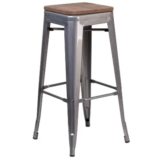 Merrick Lane Clear Coated Gray Metal Bar Counter Stool With Textured Walnut Elm Wood Seat image {3}