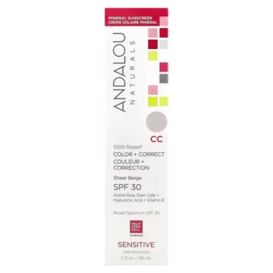 Andalou Naturals 1000 Roses&reg;, Color + Correct, Sensitive, SPF 30, Sheer Beige, 2 fl oz (58 ml) image {1}