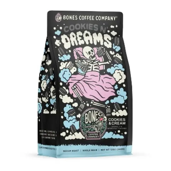 Bones Coffee Company Cookies 'N Dreams Whole Coffee Beans Cookies and Cream Flavor 12 oz Medium Roast (Whole Bean) image {4}
