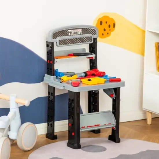 Qaba Kids Workbench 79-Piece Construction Playset Toy with Battery-Powered Drill, Hammer, Saw, Storage Tray for Ages 3+, Black and Gray image {1}