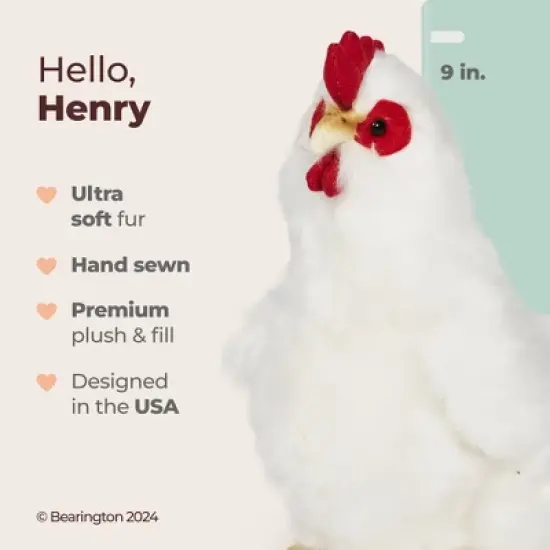 Bearington Henry Plush White Hen Stuffed Animal for little kids, 9 Inches, For Ages 1-14 image {5}