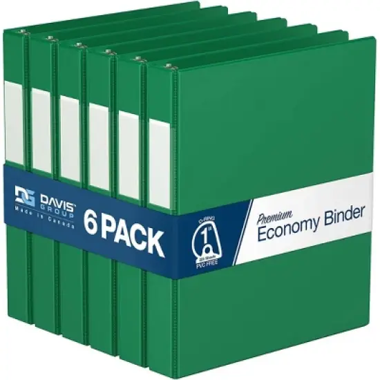 Davis Group 6pk 1" Premium Economy D Ring Binders Green: Hard Cover, 225 Sheet Capacity, 2 Pockets, Polypropylene Material image {8}
