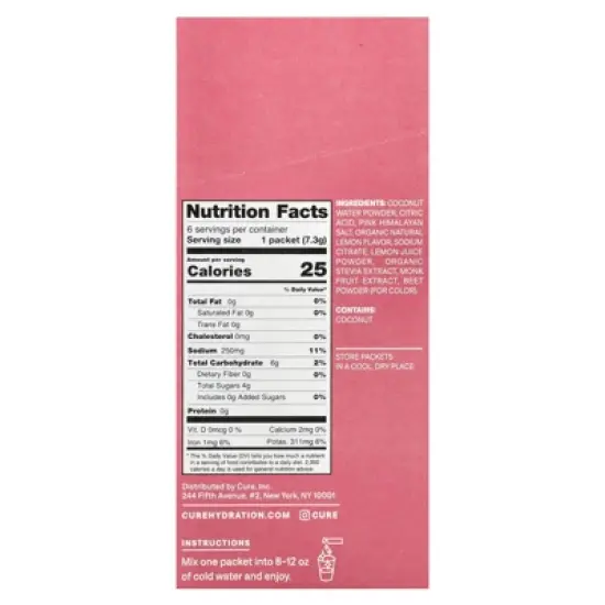 Cure Hydration Kids, Electrolyte Drink Mix, Pink Lemonade, 6 Packets, 0.26 oz (7.3 g) Each image {1}
