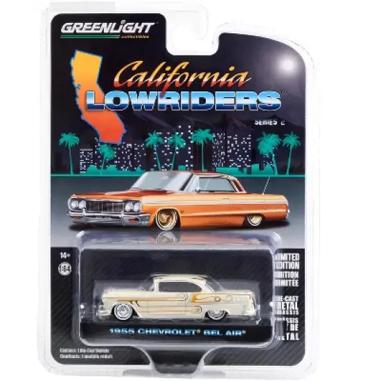 1955 Chevrolet Bel Air Custom Light Gray Met. & Gold Graphics "California Lowriders" Series 1/64 Diecast Model Car by Greenlight image {2}