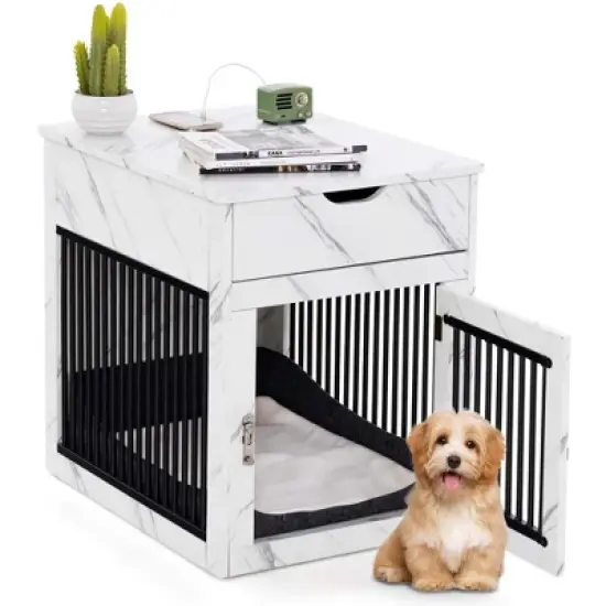 Costway 2-In-1 Furniture Dog Crate with Drawer Wired & Wireless Charging Side End Table Black/White/Rustic Brown image {12}