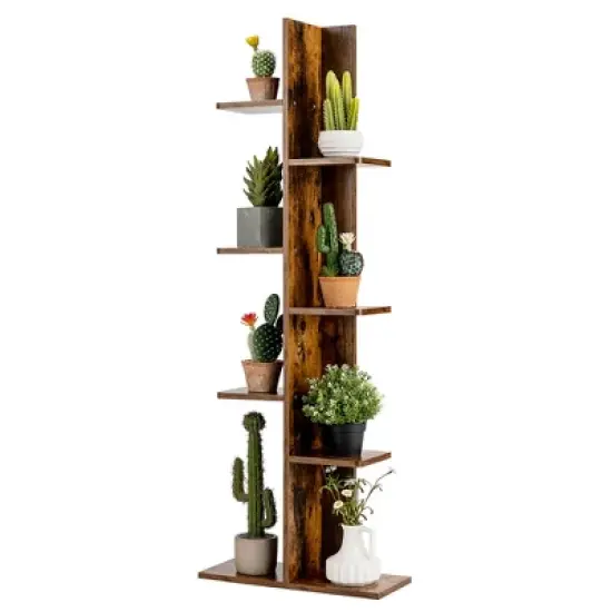 Costway Open Concept Bookcase Plant Display Shelf Rack Holder Wood Walnut\Brown image {11}