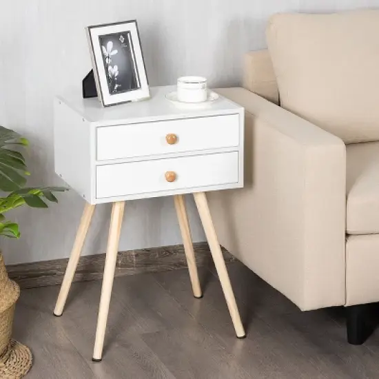 Costway 2PCS Mid Century Modern 2 Drawers Nightstand In White Sofa Side Table End Table image {2}