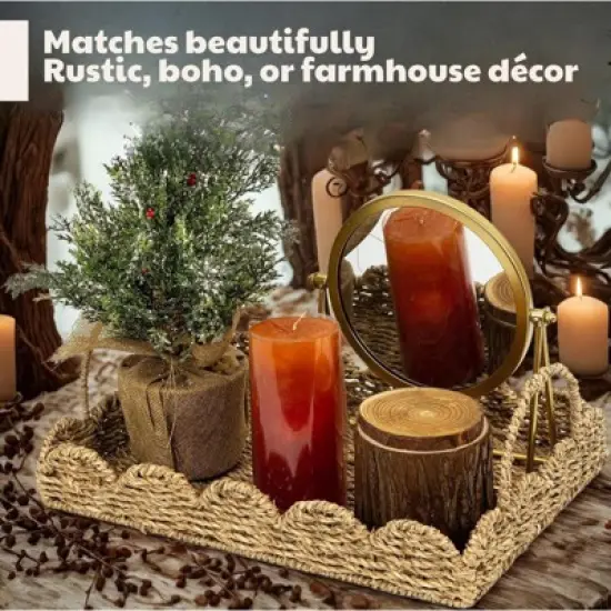 BRINJOY 14" Woven Seagrass Tray with Scalloped Edge - Bohemian Decorative Tray with Handles for Coffee Table Ottoman Festive Decor, Brown image {2}