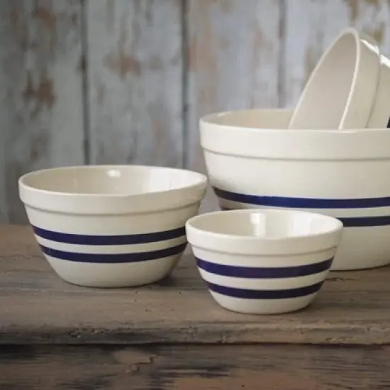 Ohio Stoneware Shoulder Bowls USA Made Tan with Blue Stripe Set of 3 Sizes image {3}