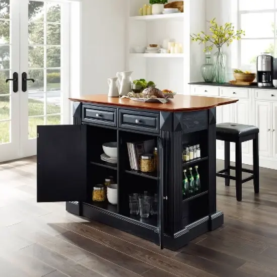 Coventry Drop Leaf Top Kitchen Island with Upholstered Square Stools Black - Crosley image {2}