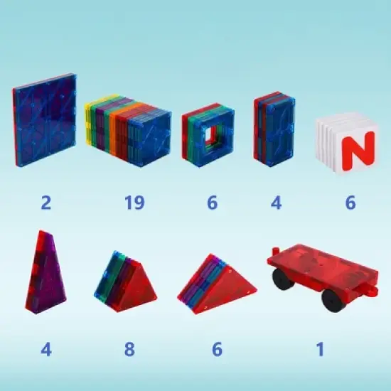 Playmags 56 Piece Set + 6 Click-ins, Magnetic Tiles Building Set, 3D Magnet Building Blocks with  Car Bed image {2}