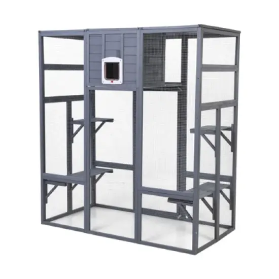 AZL1 Life Concept Pet Crates and Houses Super-Large Outdoor Wooden Cat Catio with Insulated, Sun Panel Roof, Rainproof Cover, Gray, 32.3"*62.6"*70.1" image {4}