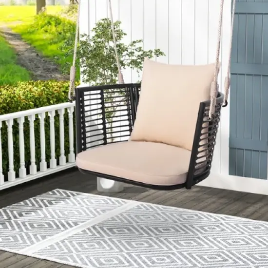 Tangkula Outdoor Metal Porch Swing Single Person Hanging Seat w/ Woven Rattan Backrest Porch Backyard image {3}