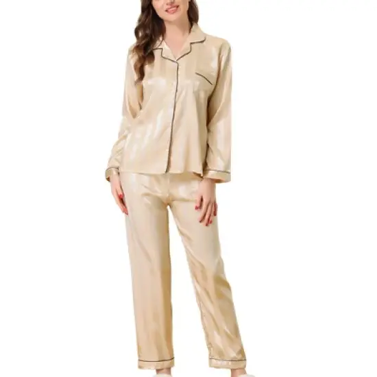 cheibear Womens Satin Sleepwear Soft Button Down Nightwear with Pants Lounge Pajama Set image {7}