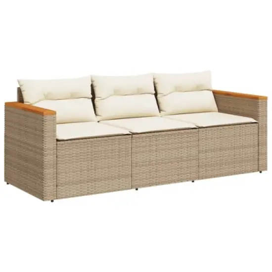 vidaXL Beige Poly Rattan 3-Seater Patio Sofa with Washable Cushions - Durable Outdoor Garden Furniture, UV-Resistant image {13}