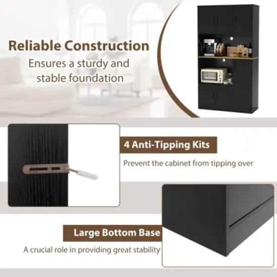 Costway 71" Tall Kitchen Pantry Cabinet with Charging Station Microwave Stand & Doors Black/White image {6}