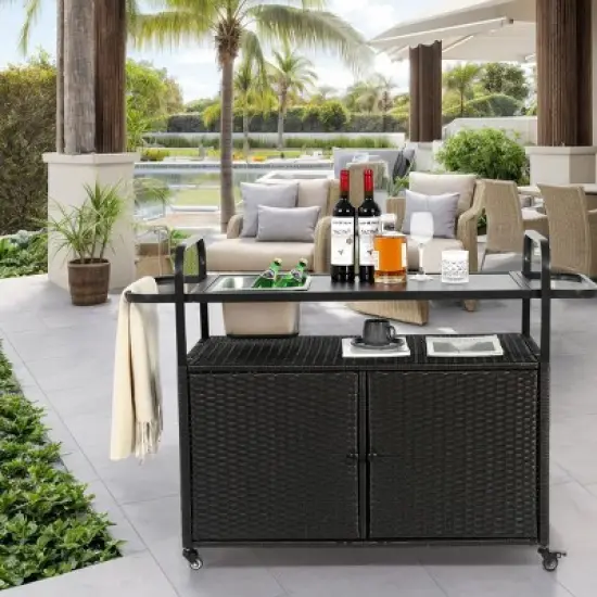 Wicker Outdoor Bar Serving Cart,Wicker Bar Cart With Cabinet,Lockable Wheels,Steel Frame Rolling Cart For Garden Backyard-Coolbibila image {8}
