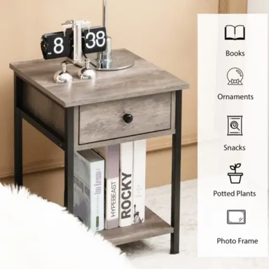 Tangkula Industrial End Side Table Nightstand with Drawer Shelf Rustic Grey Oak image {4}