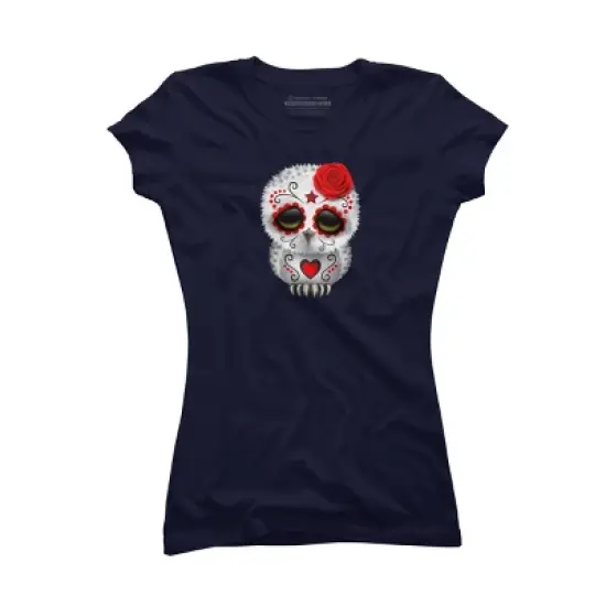 Junior's Design By Humans Cute Red Day of the Dead Sugar Skull Owl By jeffbartels T-Shirt image {4}