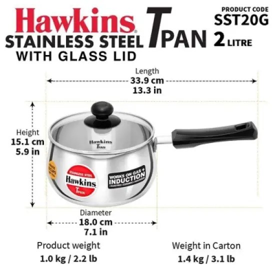 Hawkins 2L Stainless Steel Sauce Pan with Glass Lid: Induction & Gas Compatible, Hand Wash, 1-Year Warranty image {2}