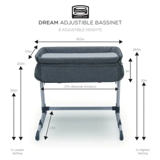 Simmons Kids' Dream Bedside Baby Bassinet Sleeper with Breathable Mesh and Adjustable Heights - Lightweight Portable Crib - Gray image {6}