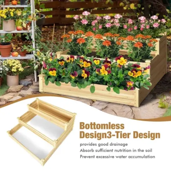 Costway 3-Tier Raised Garden Bed Wood Planter Kit for Flower Vegetable Herb 48x 48x 22in image {6}