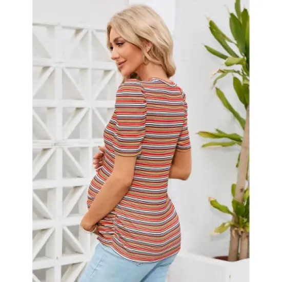 Maternity Tops Women's Casual Floral Printed Puff Short Sleeve Ruched Side Tunic Blouses Shirts Pregnancy Clothes image {1}