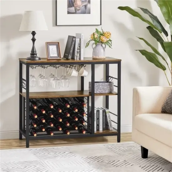 Yaheetech Home Bar Industrial Wine Rack Table with Glass Holder, Wine Bar Cabinet, Rustic Brown image {1}