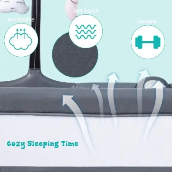 Safstar Baby Bedside Crib, Portable Foldable Bedside Bassinet w/Toy Arch, Music, Thick Mattress, Adjustable Height, Dark Gray image {3}