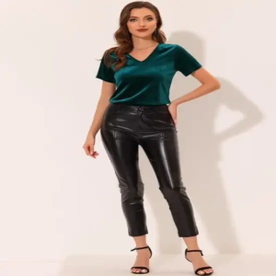 Allegra K Women's Baisc V Neck Velvet Short Sleeve T-Shirt image {4}