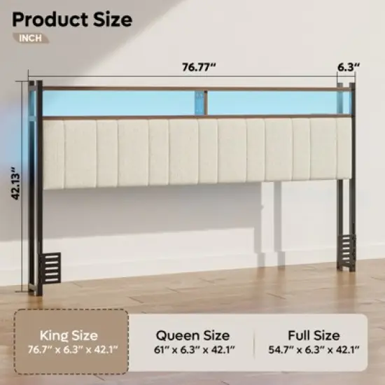 Pinmoco Full/Queen/King LED Headboard, Linen Upholstered Storage Headboard with Charging Station image {7}